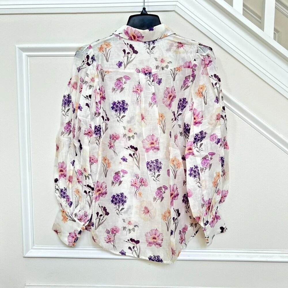 $398 NWOT Kivari Linen blend Shirt Women's Size 6 Blouse Floral Long sleeve - Picture 3 of 10